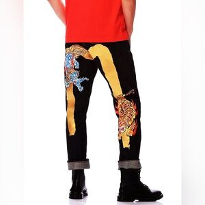 EVISU Brushstroke Daicock Print Denim Jeans w Tiger and Elephant Embroidery NWT